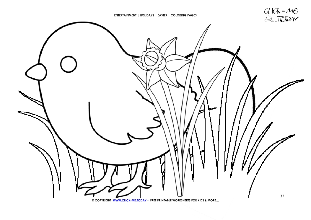 Easter Coloring Page: 32 Easter chick with egg in grass